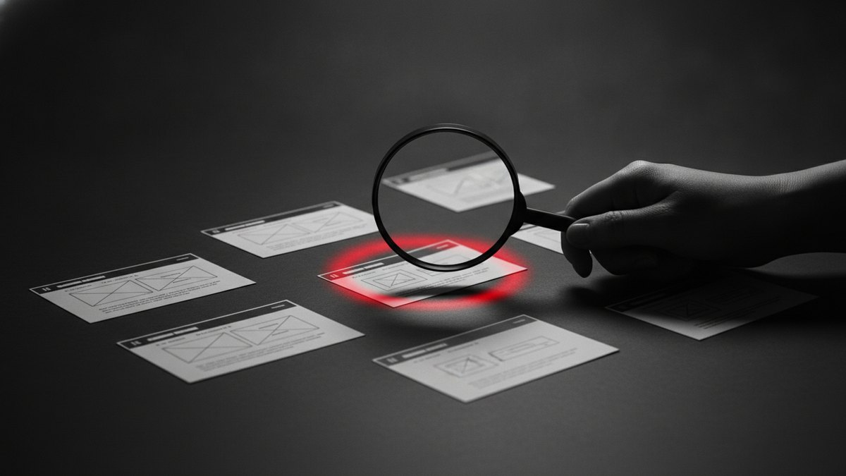 Loupe examinant la maquette d'un site web parmi d'autres