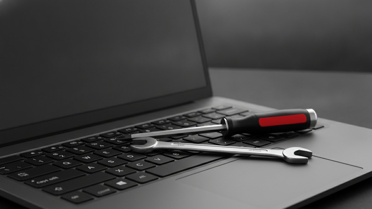Outils de maintenance posés sur un ordinateur portable