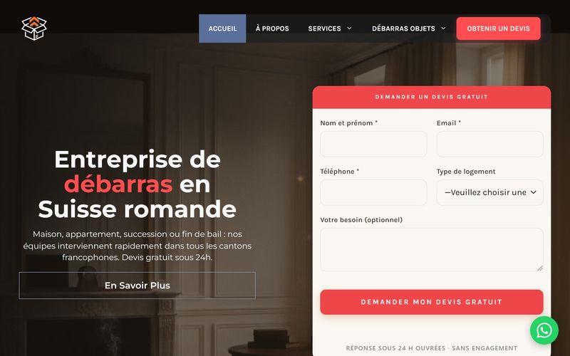 Site encombrant.ch — entreprise de débarras en Suisse romande, réalisation PEHO Web