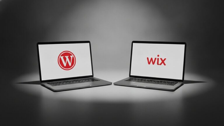 WordPress vs Wix : deux ordinateurs portables affichant les logos WordPress et Wix