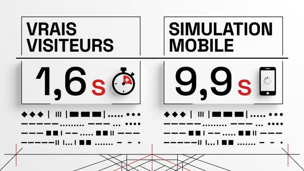 Même page, deux mesures : 1,6 s chez les vrais visiteurs, 9,9 s en simulation