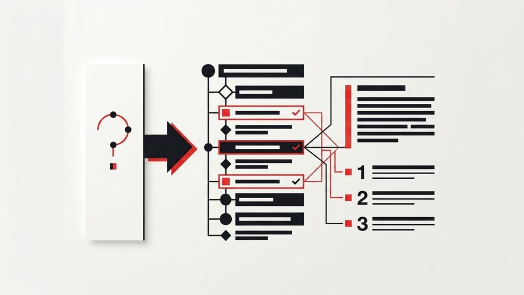 Comment une IA compose sa réponse : question, recherche dans un index, pages retenues, réponse citée